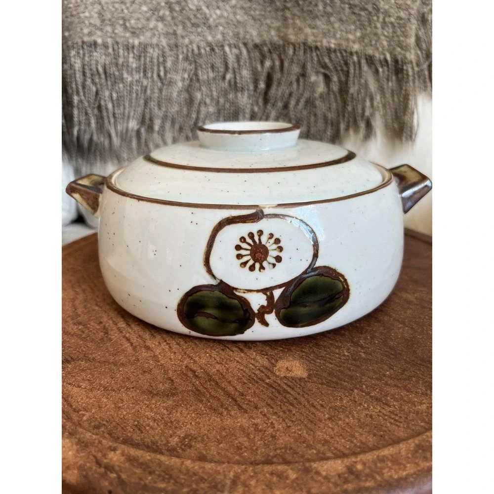 Vintage Otagiri Ceramic Casserole Hot Pot With Lid White Speckled Kitchen Rustic